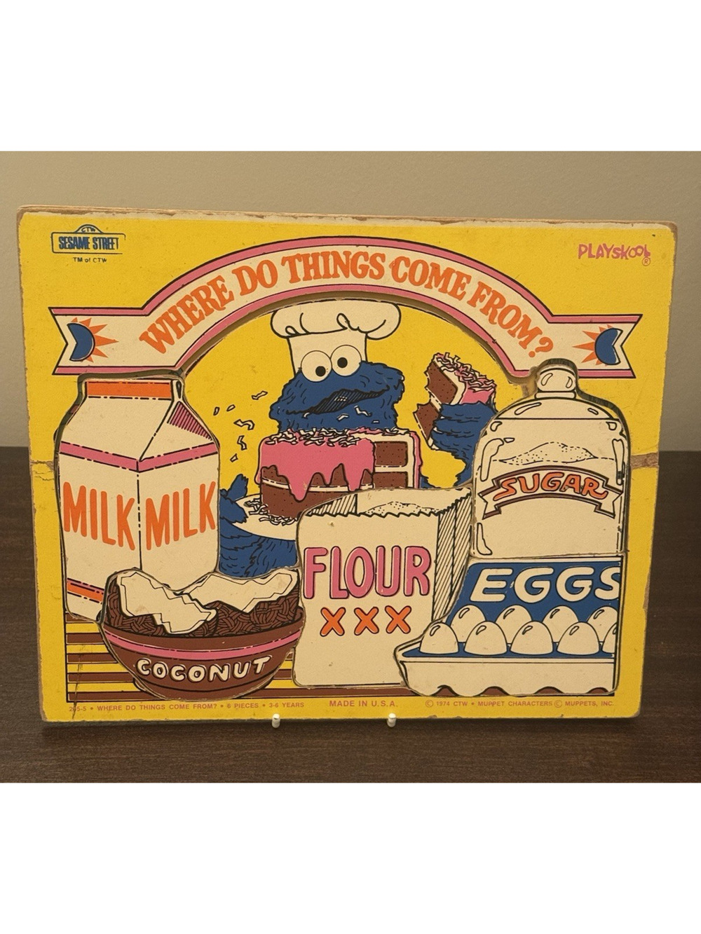 Vintage Sesame Street Cookie Monster Playskool Kids Wooden Puzzle 6 Pieces 1974